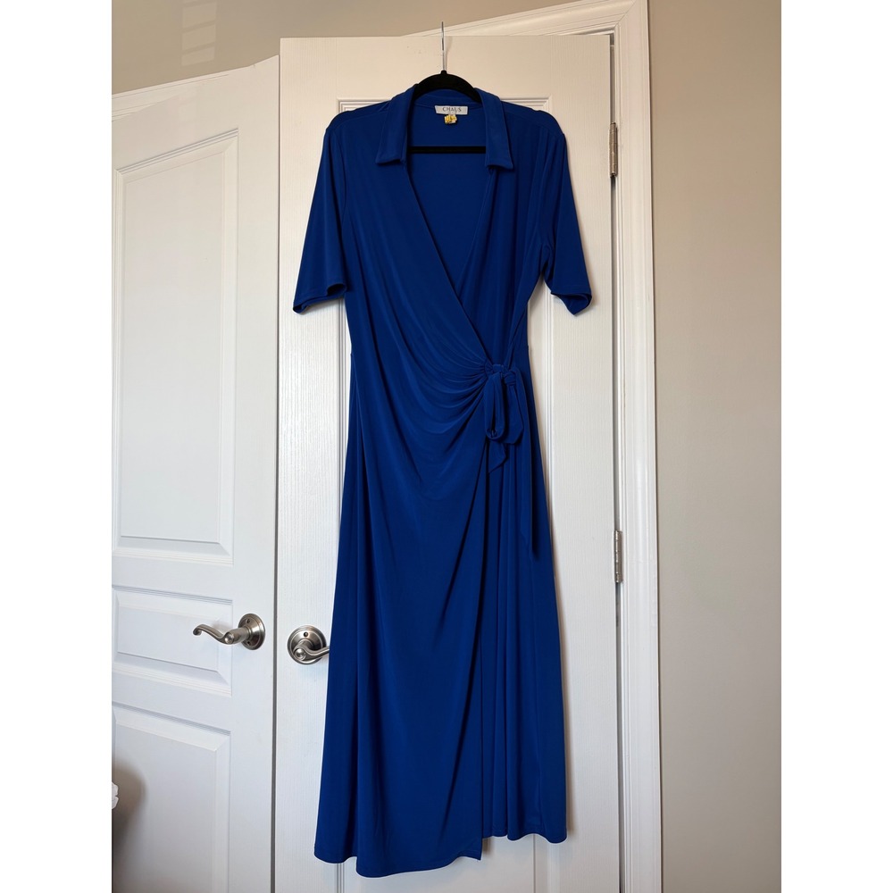 Chaus New York Royal Blue Wrap Maxi Dress Short Sleeve V-Neck XL